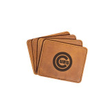 High quality tan leather coaster set of 4 with Chicago Cubs logo on it, made by Saddleback