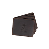 High quality dark brown colored leather coaster set of 4 with the Los Angeles Angels logo on it. Made by Saddleback