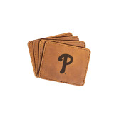 Tobacco colored leather coaster set of 4 with the Philadelphia Phillies logo on the front. Made by Saddleback