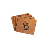 High quality tan colored leather coaster set of 4 with the St. Louis Cardinals logo on it. Made by Saddleback