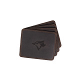 High quality dark brown colored leather coaster set of 4 with the Toronto Blue Jays logo in the center. Made by Saddleback