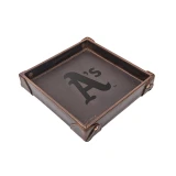 High quality dark brown colored leather valet tray with the Oakland Athletics logo in the center. Made by Saddleback