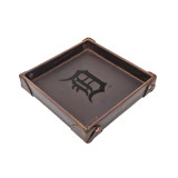 Dark coffee brown colored leather valet tray with the Detroit Tiger logo. Made by Saddleback
