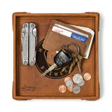High quality tan colored leather valet tray holding a wallet, keys, change, and a pocket knife. Made by Saddleback