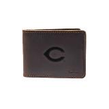 High quality dark brown colored leather wallet with Cincinnati reds logo on the front, made by Saddleback