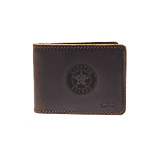 High quality dark brown colored leather bifold wallet with the Houston Astros logo on it. Made by Saddleback