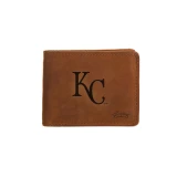High quality tan colored leather bifold wallet with the Kansas City Royals logo on it. Made by Saddleback