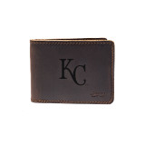High quality dark brown colored leather bifold wallet with the Kansas City Royals logo on it. Made by Saddleback