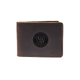 High quality dark brown colored leather bifold wallet with the Milwaukee Brewers logo on the front. Made by Saddleback