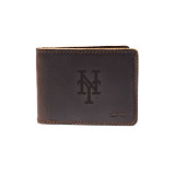 High quality dark brown colored leather bifold wallet with the New York Mets logo on the front. Made by Saddleback