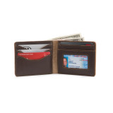 High quality inside of the dark brown colored leather bifold wallet that has 4 card slots, an ID slot, and a place to hold your cash. Made by Saddleback