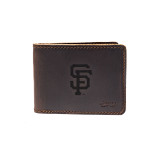 High quality dark brown colored leather bifold wallet with the San Francisco Giants logo on the front. Made by Saddleback