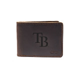 High quality dark brown colored leather bifold wallet with the Tampa Bay Rays logo on the front. Made by Saddleback