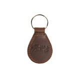 High quality back of the dark brown leather keychain with the Saddleback logo on this side and the Boston Red Sox logo on the front