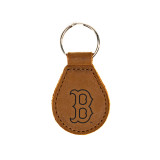 High quality tan leather keychain with Boston Red Sox logo, made by Saddleback