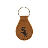 High quality tan colored leather keychain with Chicago White Sox logo on the front, made by Saddleback