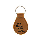 High quality tan colored leather keychain with Colorado Rockies logo, made by Saddleback