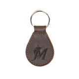 High quality dark brown colored leather keychain that has the Miami Marlins logo on the front. Made by Saddleback
