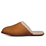 High quality tan full grain leather Dave's Deals Men's Sheepskin Slippers - Old Design - Size 9 - Tobacco side view - Saddleback Leather