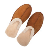 High quality tan full grain leather Dave's Deals Men's Sheepskin Slippers - Old Design - Size 9 - Tobacco front view - Saddleback Leather