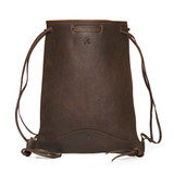 This is the opened dark coffee brown flat drawstring backpack. Made by Saddleback