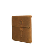 High quality side view of the tan leather laptop sleeve that fits a 14" laptop. Made by Saddleback
