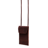 High quality side view of the red brown tumbled leather walkers pouch. Has long strap for around your neck, or crossbody.