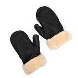 High quality black sheepskin mittens side by side again. Made with  full-grain leather and marine grade polyester thread. Made by Saddleback
