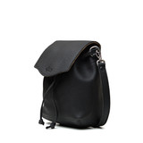 High quality black leather hobo sack purse with flap closed and sideways. Made by Saddleback