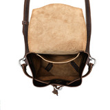 High quality inside of the dark brown leather hobo sack purse with pockets and a drawstring. Made by Saddleback