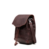 High quality front of the red brown tumbled leather mini bucket bag with a drawstring closure.