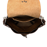 High quality inside of the dark brown colored 10" tumbled drawstring leather backpack. Made by Saddleback