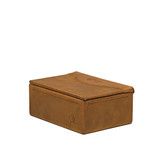 High quality side view of the tan small leather organizer box that holds goods. Made by Saddleback