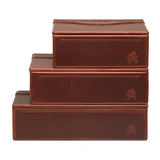 High quality all 3 sizes of red brown boxes stacked on top of each other to show size comparison and ways to organize your desk, car, or leather briefcase.