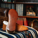High quality tan full grain leather Dave's Deals Sheepskin Moccasins - Old Design - Size 12 - Tobacco detail view - Saddleback Leather