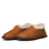 High quality tan full grain leather Dave's Deals Sheepskin Moccasins - Old Design - Size 11 - Tobacco front view - Saddleback Leather