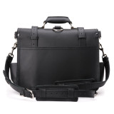 High quality back of a black full grain leather briefcase that has two straps.