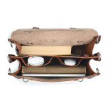 High quality light tan interior of a full grain leather briefcase.