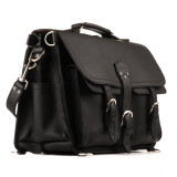 High quality professional black leather briefcase with two pickets on the front and a flap to close.