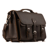 High quality dark brown leather briefcase with two front pockets and is 17 inches wide.
