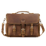 High quality front view of a big brown leather briefcase