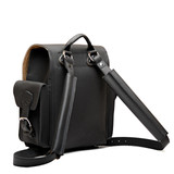 High quality black full grain leather baby tank backpack from the back. Has 2 shoulder pads and a handle for easy carry. Made by Saddleback