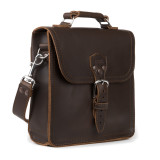 High quality dark brown leather satchel man bag from the side.