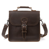 High quality dark brown leather satchel man bag from the front.