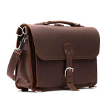 High quality red brown slim leather briefcase with a flap closure.