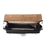 High quality inside of a black slim leather briefcase that has a light interior lining.