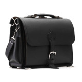 High quality slim black leather briefcase with a flap over the front.