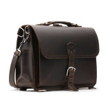 High quality dark brown slim leather briefcase with a flap over the front.