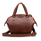 High quality front image of the red brown colored Dovetail leather Satchel