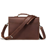 High quality red brown slim leather briefcase turned backwards.